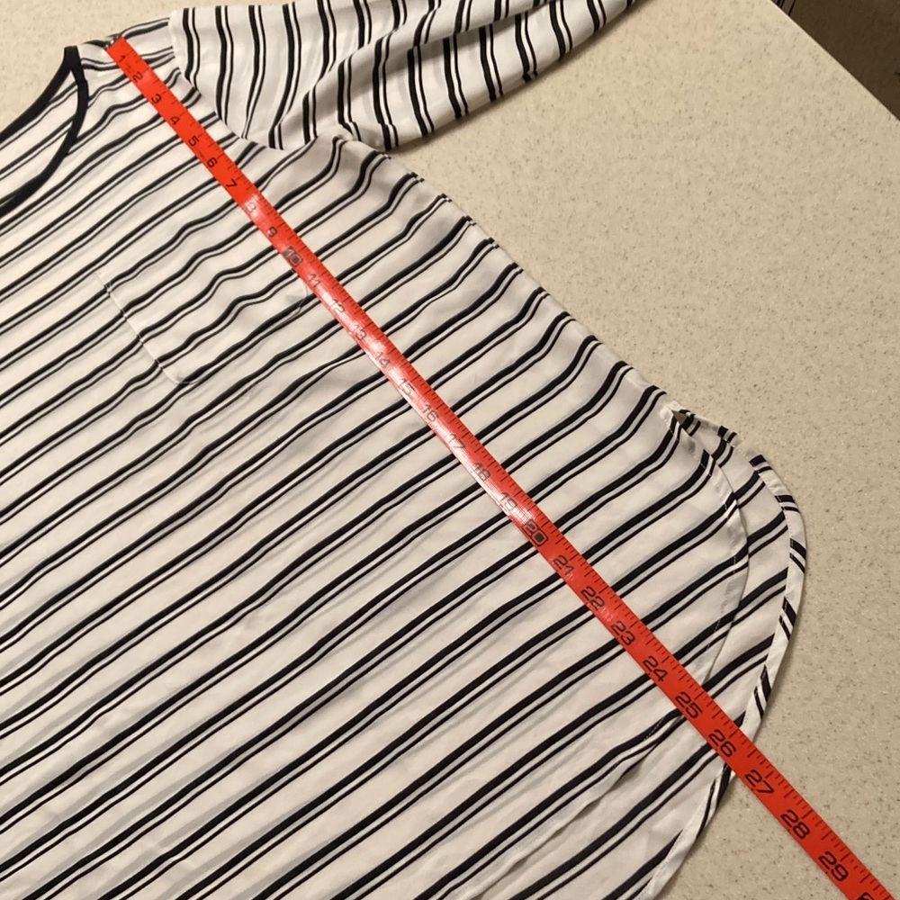 LOFT Navy and White Striped Blouse Women Size M Button-Tab Sleeve - Picture 7 of 9